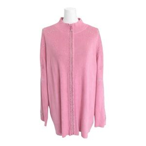 Quacker Factory Pink Rhinestone Zip Cardigan Sweater Women’s 3X Snowflake